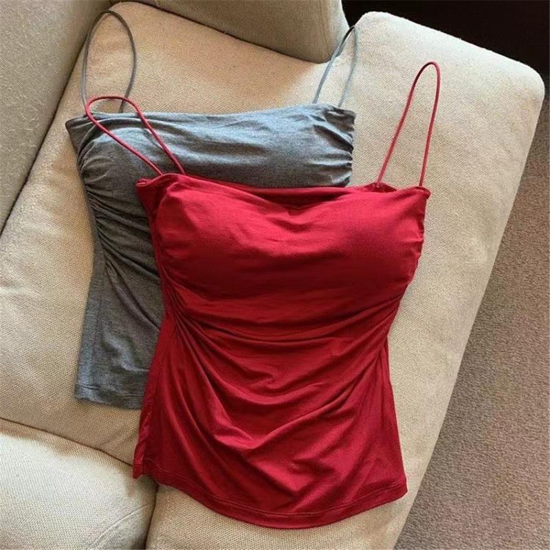 Áo Hai Dây Có Đệm, Kiểu Nâng Ngực, Chất Liệu Lụa Lạnh Áo Crop Top, Áo Vest Hai Dây Xếp Ly Cô Gái Nóng Bỏng Dễ Thương Và Gợi Cảm, Dây Đeo Vai Mỏng, Thích Hợp Cho Phụ Nữ Vào Mùa Hè, Áo Không Tay, Có Thể Mặc Ngoài Trời 2