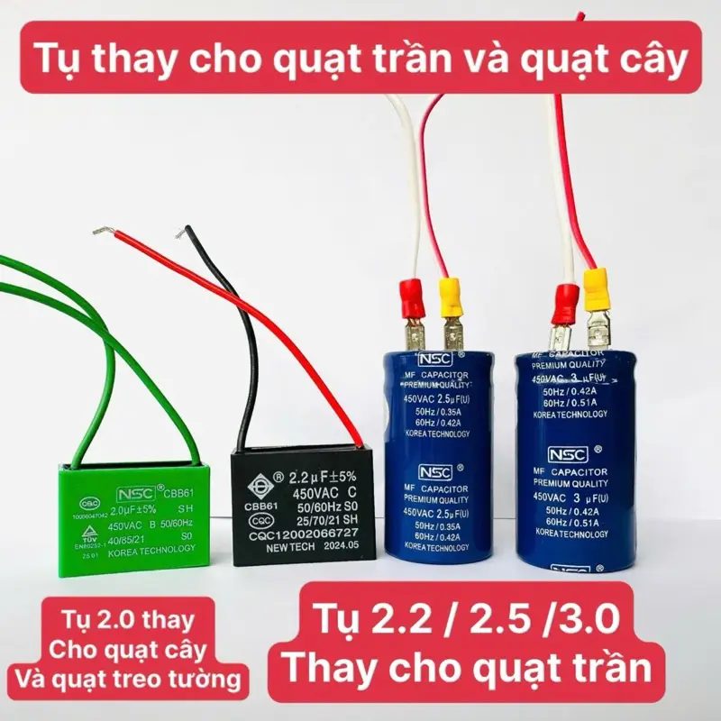 Tụ dùng cho quạt trần 2.2 và 2.5 , 3 microfarad, và tụ cây quạt treo 2.0 vỏ xanh, có sẵn đầu dây điện, dầu tra các loại quạt .