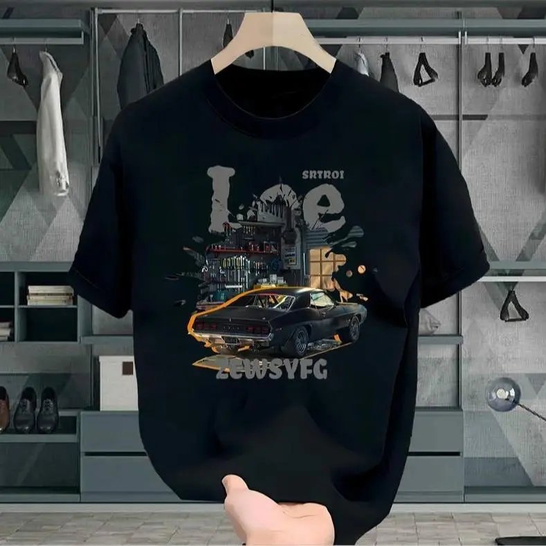 (COD) Men's T-shirt Summer American style, short sleeves, print 210G cotton, round neck, casual style, suitable for garage use. Oversized Menswear Top Streetwear Tropical Crewneck