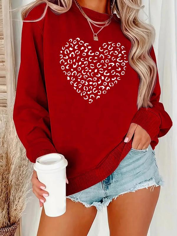 Women's Heart & Leopard Print Drop Shoulder Crewneck Sweatshirt, Comfort Casual Longsleeves Round Neck Pullover for Lady Fall & Winter, Gifts for Girlfriends, Womenswear Valentine's Day, gift 6