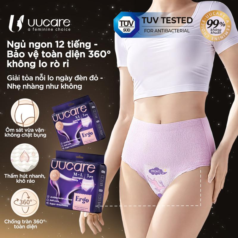 [Combo 5 gói] Băng vệ sinh quần UUcare Singapore Ban đêm, Dạng quần, Size M-XL, 3 miếng/gói. Chống tràn, ôm sát, kháng khuẩn. Phù hợp cho người có cân nặng từ 40kg đến 90kg.