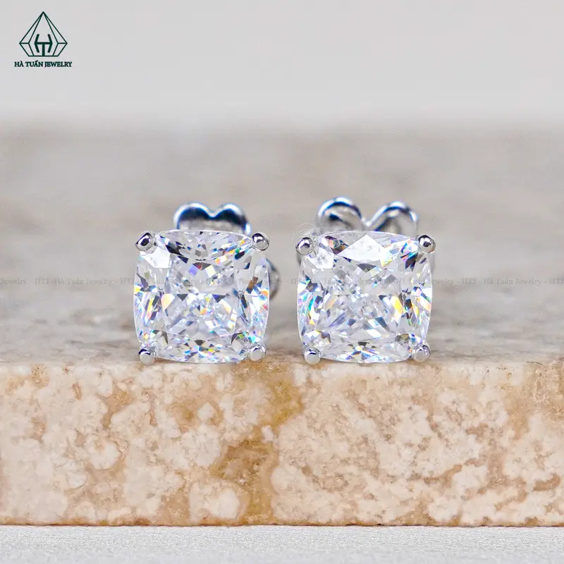 Đôi Bông Tai Bạc 925 Xi Kim Viên Chủ Đá CZ 7A Giác Cắt Cushion Chuôi Vặn EX086 Hà Tuấn Jewelry 1