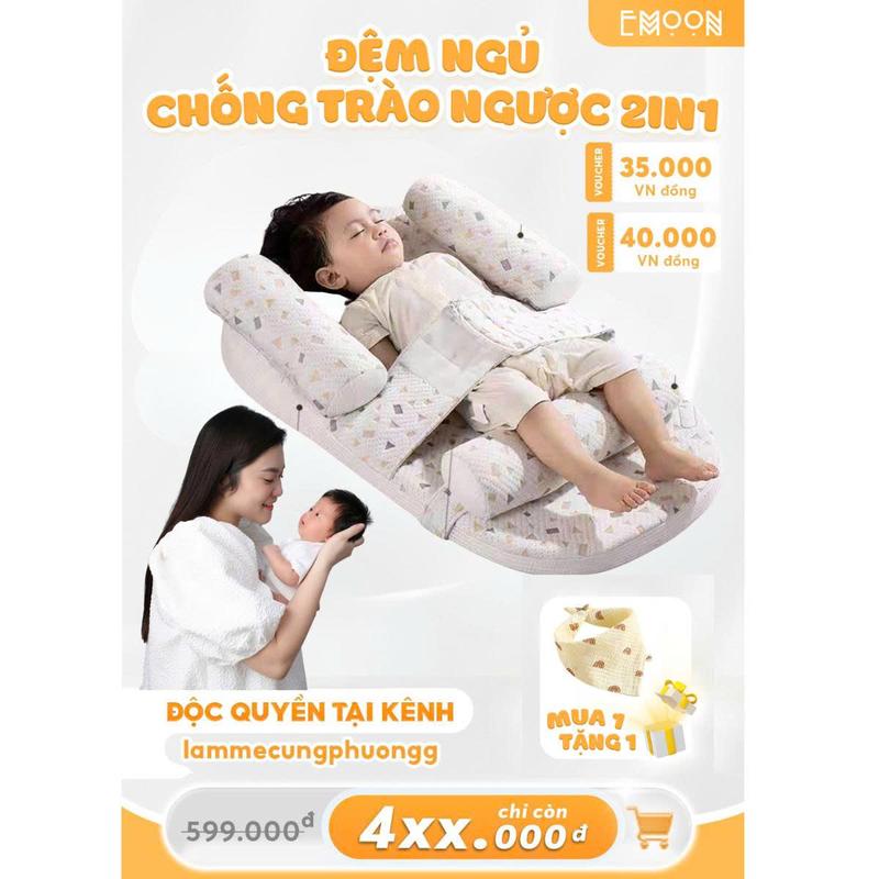 [Tặng quà] Đệm chống trào ngược, gối ngủ cho bé Emoon cao cấp có gối chặn kèm đai cố định giúp bảo vệ cột sống cho bé