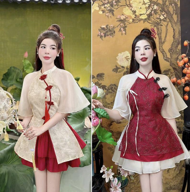  Sét đồ nữ mặc tết áo voan tơ thêu 2 lớp tay lỡ cổ tàu đính nút mây kèm chân váy voan tơ xòe ngắn sang chảnh trẻ trung - Women 