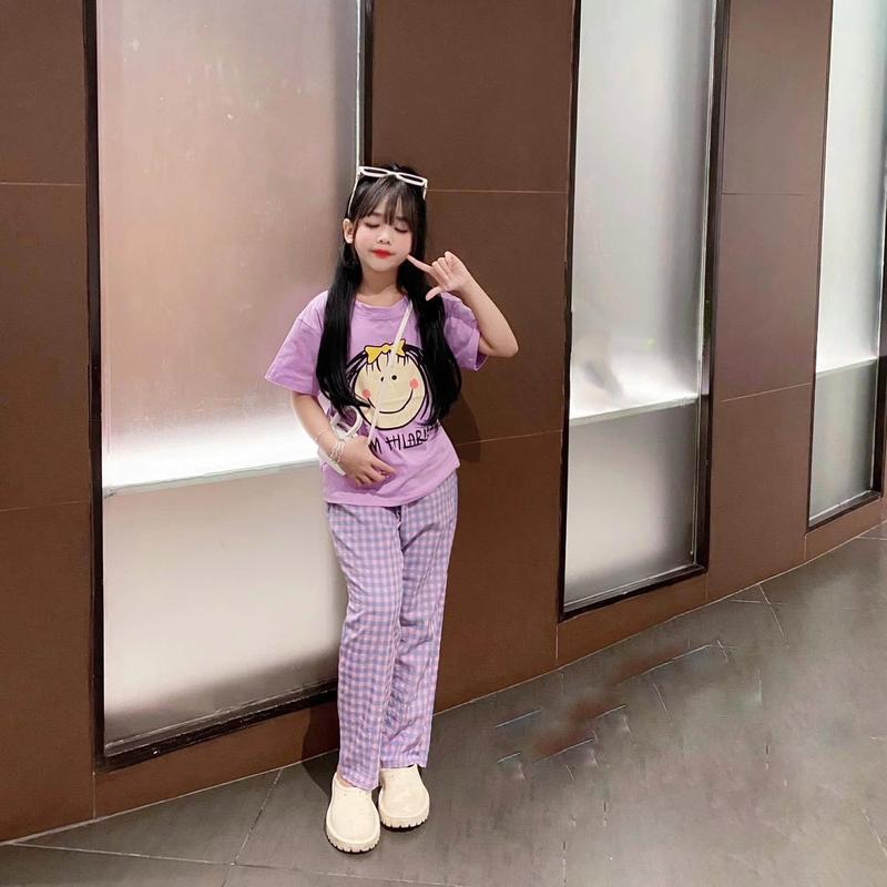 Bộ áo phông quần kẻ bé gái (25-45kg)