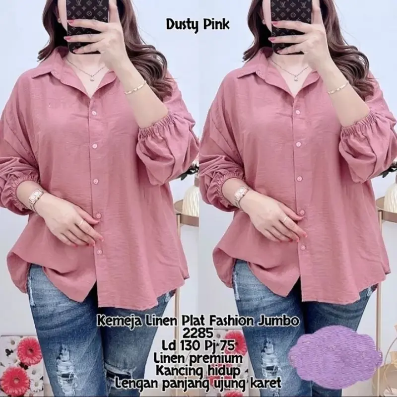 CLASSY OVERSIZE BLOUSE POLOLINEN ATASAN WANITA JUMBO Baju Panjang Tangan Karet 0