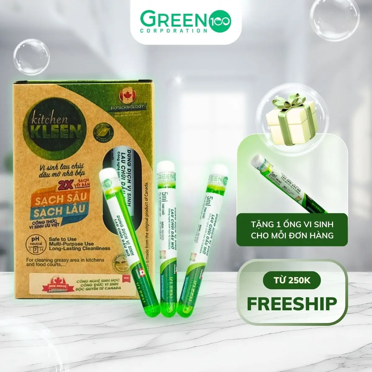 Hộp 3 Ống Dung Dịch Vi Sinh Lau Chùi Dầu Mỡ Kitchen Kleen Đậm Đặc Khử Mùi Hôi Nhà Bếp 5ml