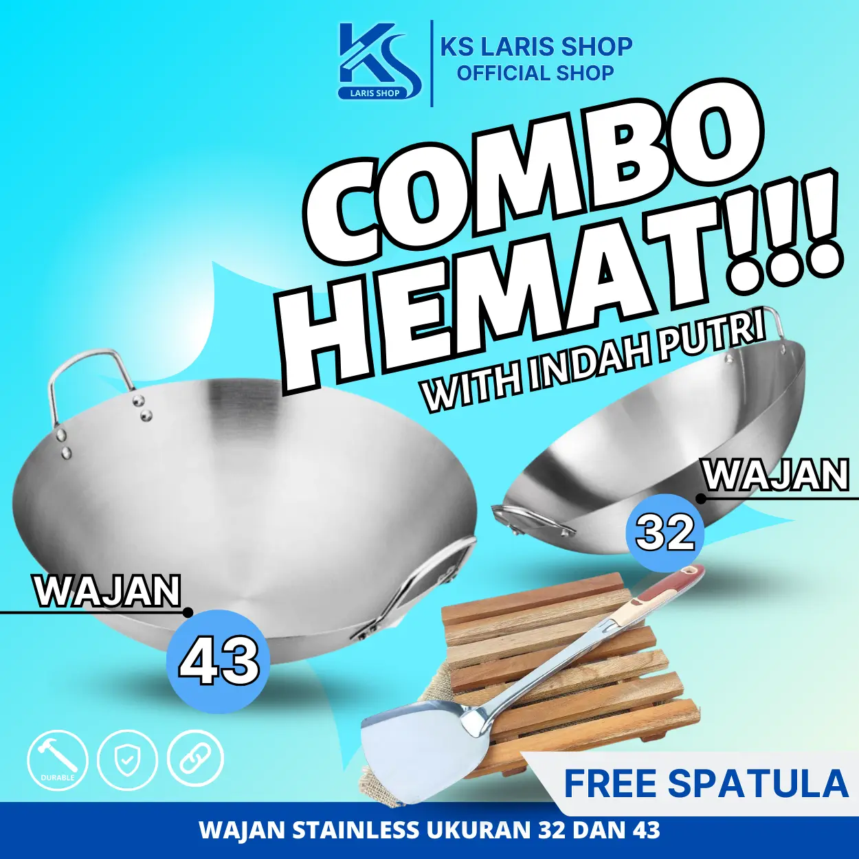 KSL - {BELI LOKAL} COD - WAJAN STAINLESS STEEL TEBAL 43CM + 32CM + SUTIL - PENGGORENGAN MASAK TUMIS Kuali Nasi