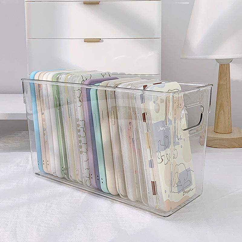 Product Introduction of Ins Transparent Phone Case Organizer Storage Box Desktop Acrylic Sundries Storage Basket Cosmetics Small Rack Light Plastic 18