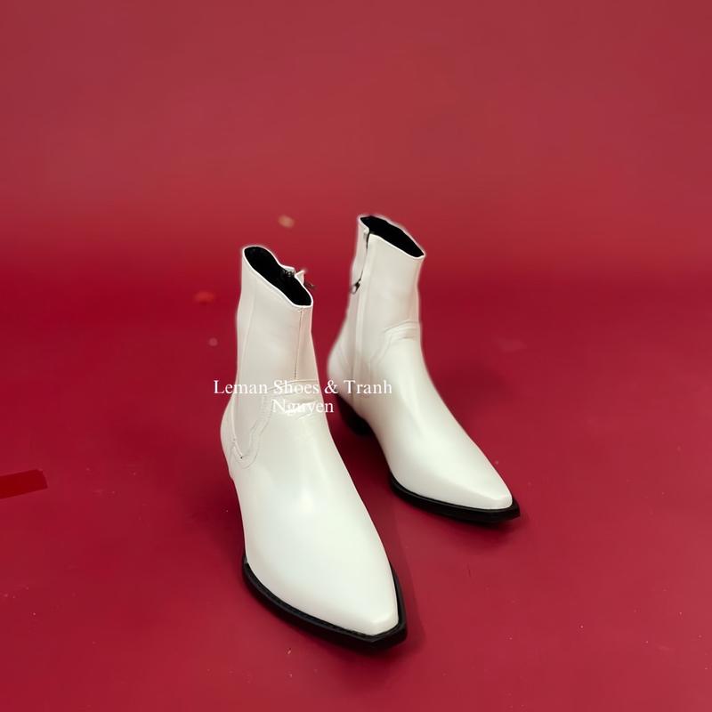 Santiago boots trắng mũi vuông da bò đế gỗ 5cm Chelsea Boots Nam GiàY Shoes  Cổ Cao Bốt Jean