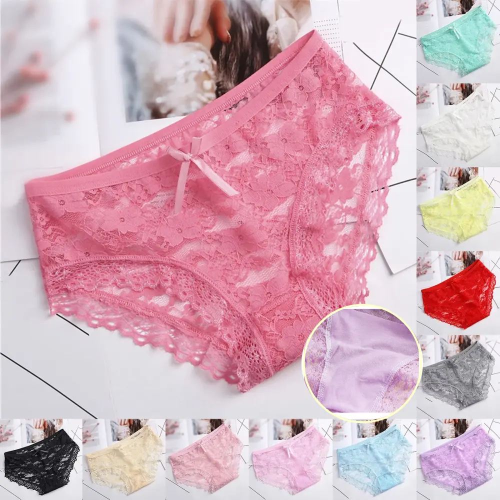 Women Lace Panties Hollow Out Briefs Bow Low Waist Soft Breathable Underwear Solid Color For Ladies