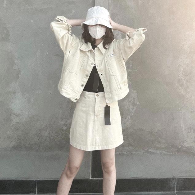  Áo khoác jean nữ KABICO dáng ngắn kèm chân váy jean ngắn phong cách ulzzang G6 