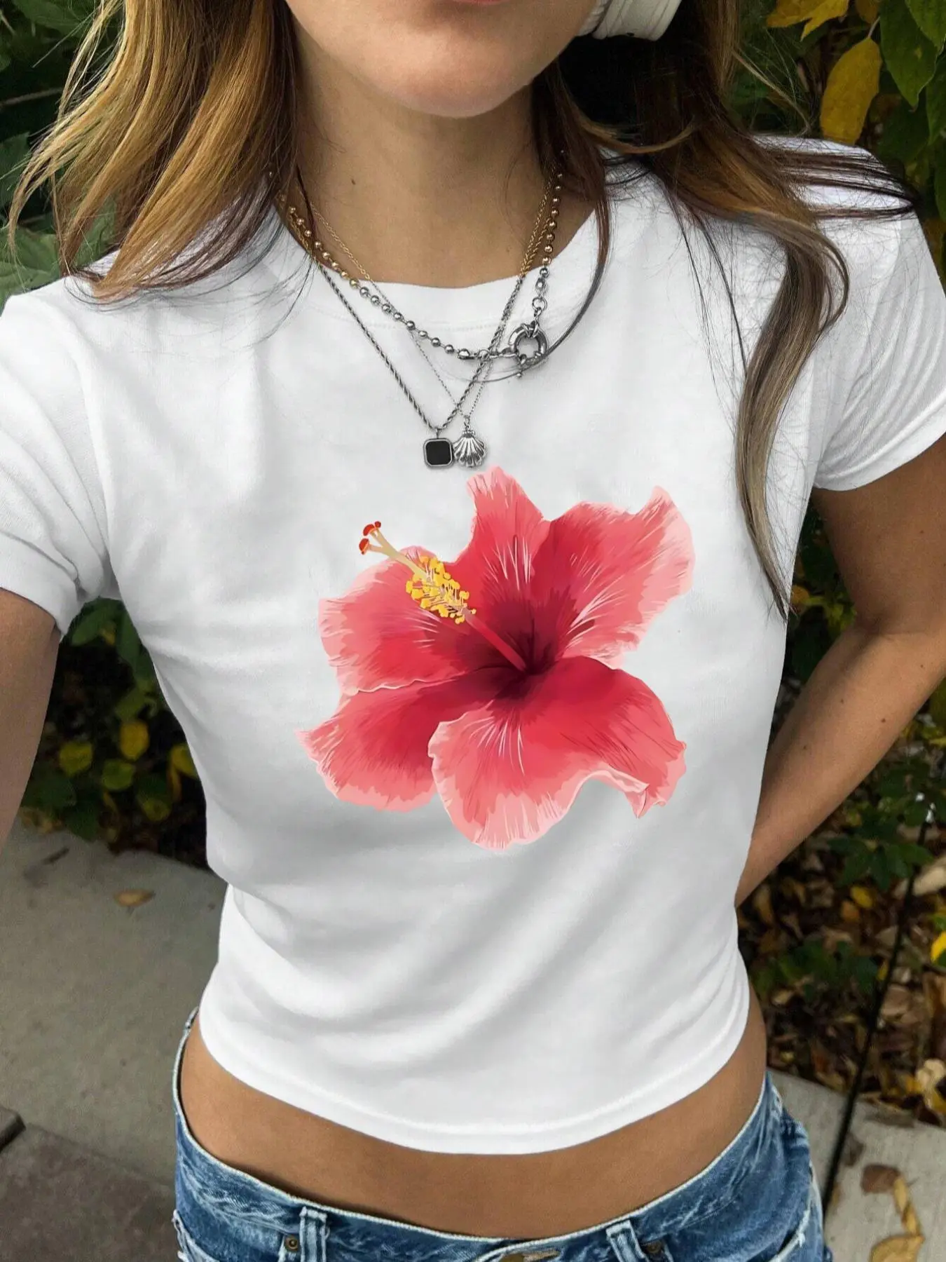 Women's Floral Print Round Neck Crop Tee, Fashion Y2k Casual Short Sleeve T-shirt for Daily Wear, Ladies Clothes for All Seasons