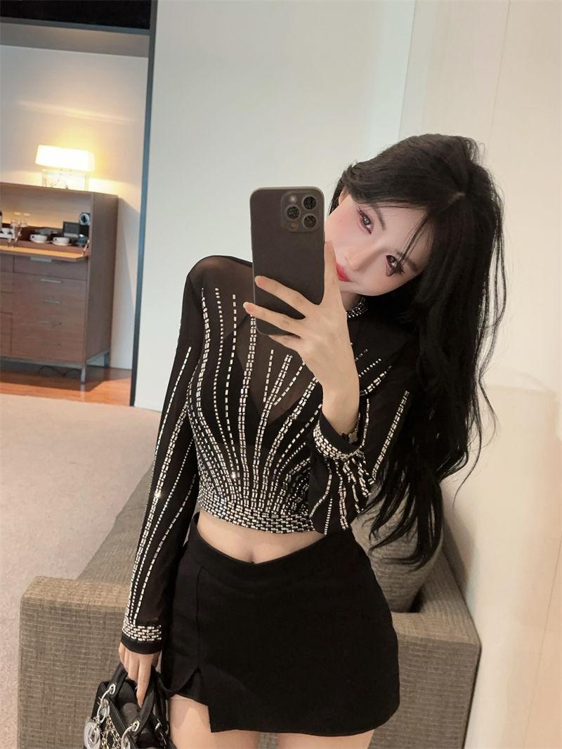 Product Introduction of Affordable Luxury Style Heavy Embroidery Hot Drilling Slim-Fit Short Long Sleeve Bottoming Shirt American Sexy See-through Sweet Cool Girl Mesh T-shirt Women 15