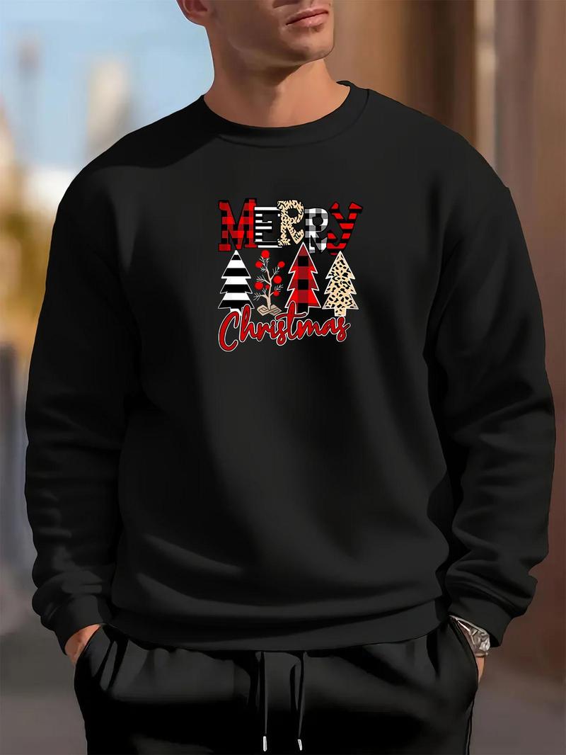 Product Introduction of Men's Christmas Tree & Letter Print Thermal Lined Sweatshirt, Regular Fit Casual Soft Comfy Long Sleeve Round Neck Pullover for Fall & Winter, Men's Clothes for Daily Wear 3