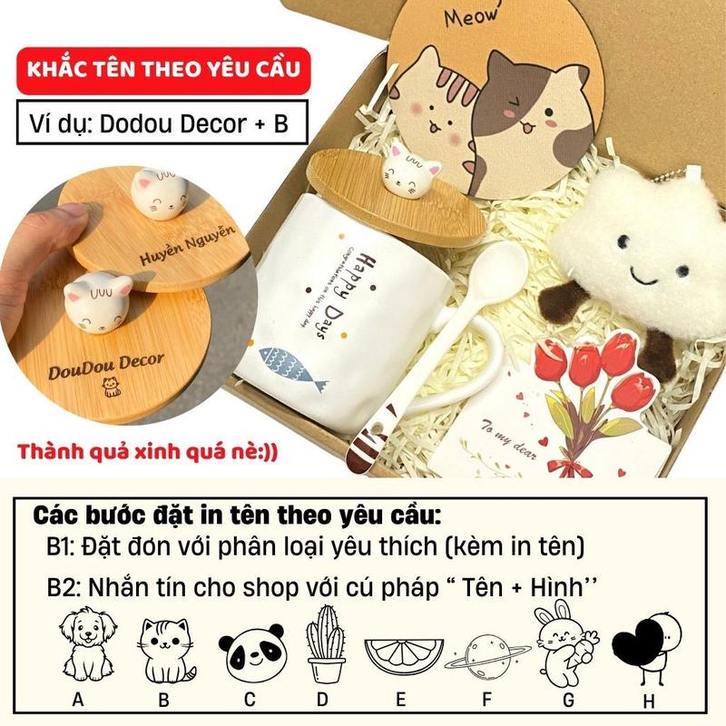 Set Quà Tặng Cốc Sứ Cá Nắp Gỗ KHẮC TÊN Theo Yêu Cầu Kèm Gấu Thiệp Phụ Kiện Xinh Tặng Bạn Bè Người Thân Kèm Lót Ly
