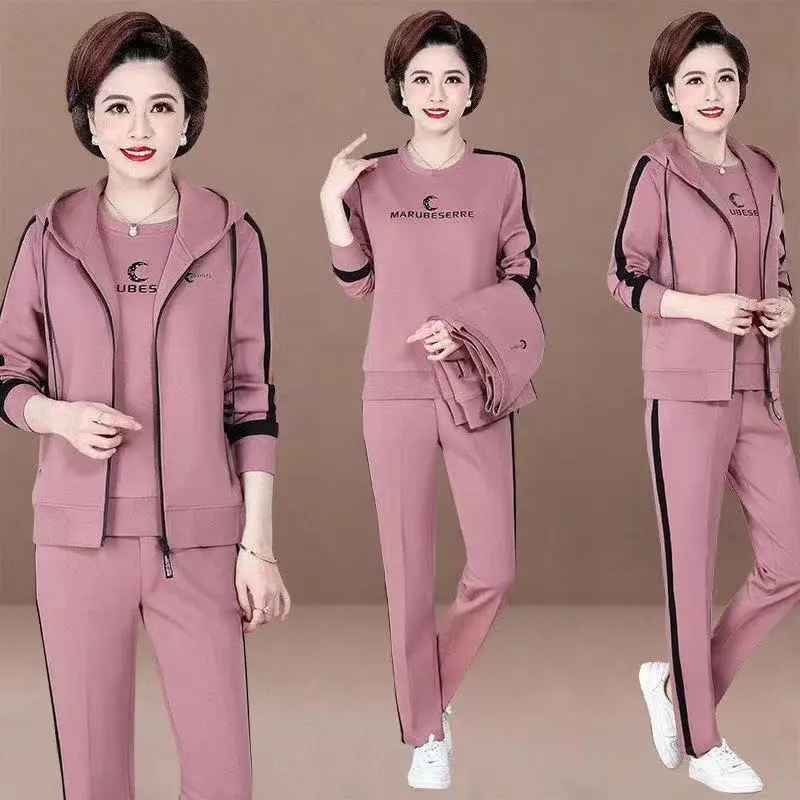 Bộ Đồ Quần Áo Thể Thao, Ba Mảnh, Dành Cho Phụ Nữ Trung Người Già Và Cao Tuổi, Mùa Xuân Và Mùa Thu, Có Mũ Trùm Đầu, Ngoại Cỡ, Dáng Rộng Vừa Vặn, Thời Trang