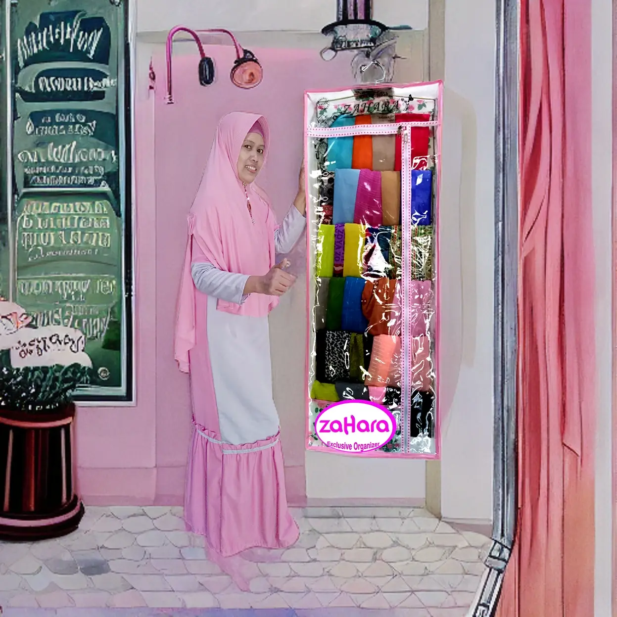 Rak Jilbab Zahara Jumbo Pink Flower Dapat disesuaikan Plastik