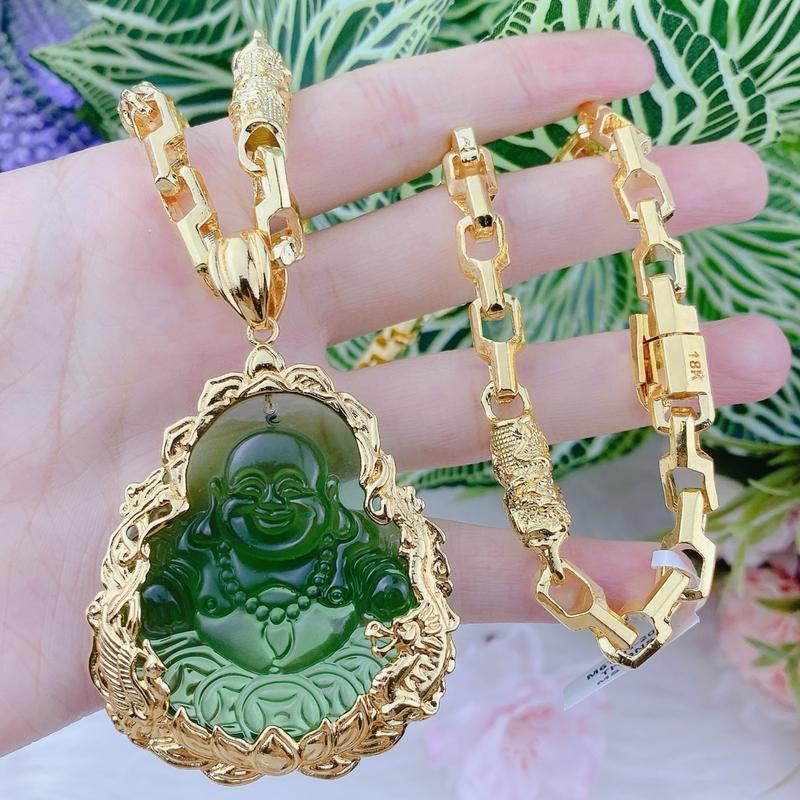 Bộ dây chuyền nam vip 23 ( dây rồng mắt liền khoá hộp + Mặt di lạc xanh ) có ký hiệu bền đẹp