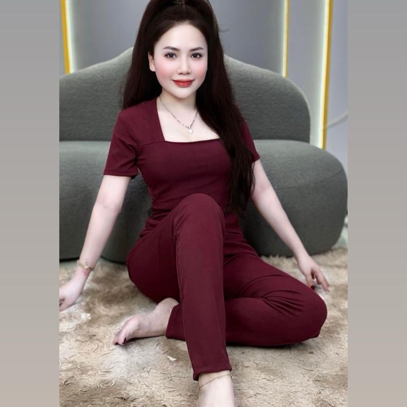 Set Bộ ÁO CỔ VUÔNG VÀ ÁO CỔ TIM TAY NGẮN QUẦN LOE , vải tăm lạnh, size từ 35-73kg , đồ bộ nữ