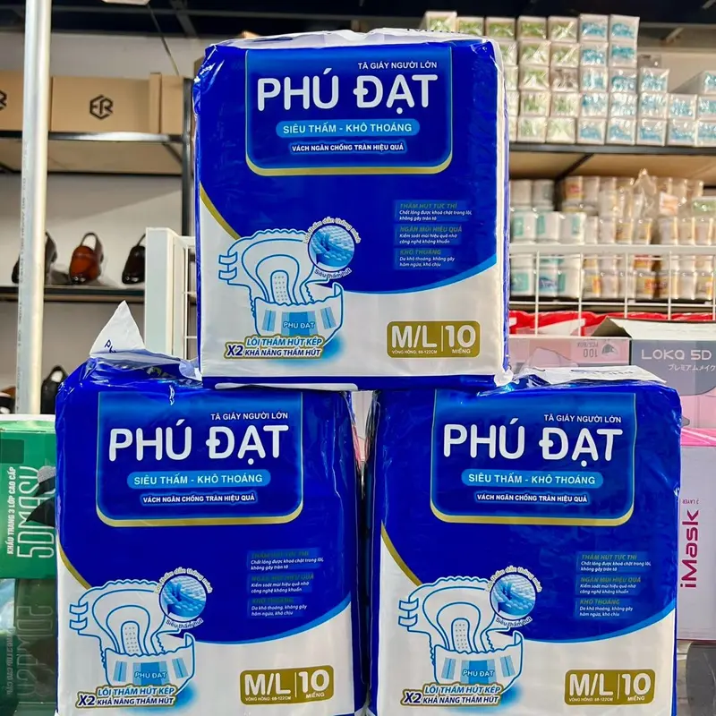 ComBo 5 bịch /50 miếng - Tã Bỉm Dán Người Già PHÚ ĐẠT sz:M/L Vòng eo : 68-122cm .Có vách ngăn chống tràn Kép , rãnh thấm hút kim cương  . 6