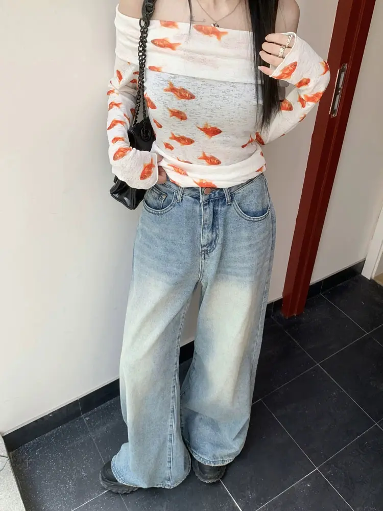 Quần jeans ống rộng ống đứng rộng rãi cho nữ phong cách Hong Kong