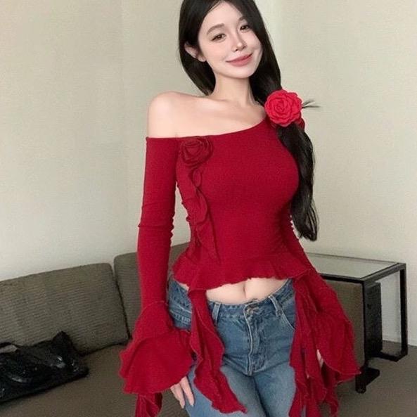  Áo trễ vai dài tay cổ chéo các điệu phối hoa cá tính Nữ Đỏ Tay Loe Voan Top Women 