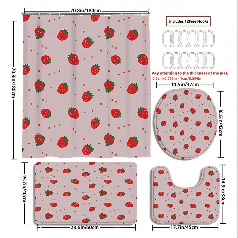 Strawberry Pattern Bathroom Set, 1 Count Shower Curtain Or 4 Counts Shower Curtain & Toilet Cover & Bathroom Mat, Bathroom Accessories for Home Dormitory Hotel Decor 1