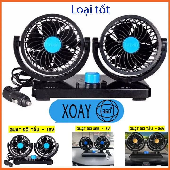 Quạt máy đôi mini 12v, 24v xoay 360 tiện ích trên ô tô, xe hơi cao cấp