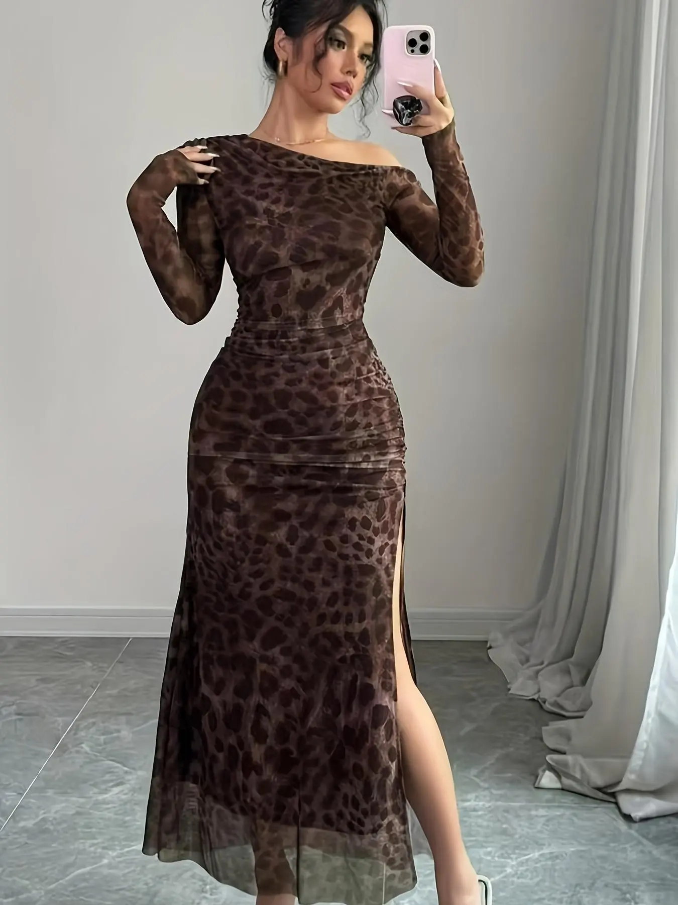 Women's Leopard Print Tulle Dress, Elegant Fashion Casual Long Sleeve  Dress for Daily Outdoor Wear, Women Dress for Summer