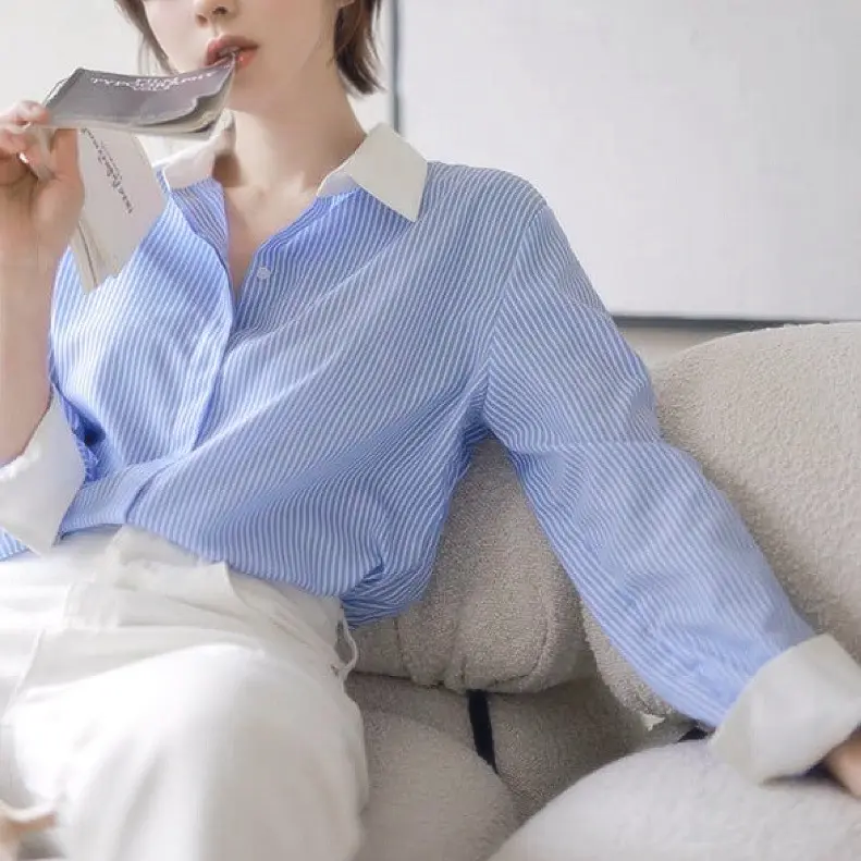 Áo Sơ Mi Nữ Công Sở MAYYA Sọc Nhí Phối Cổ Trắng Dáng Suông Kiểu Thanh Lịch A49 Women Top Shirt
