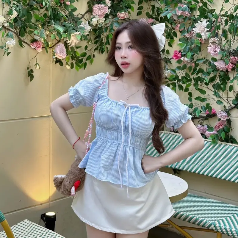 (40kg-95kg) Áo Babydoll Cổ Vuông Chiết Eo Tay Phồng Minisize Bigsize Lụa Sọc Mềm Mại Xinh Xắn Thời Trang Nữ Quyến Rũ Phương Phương House Top Women