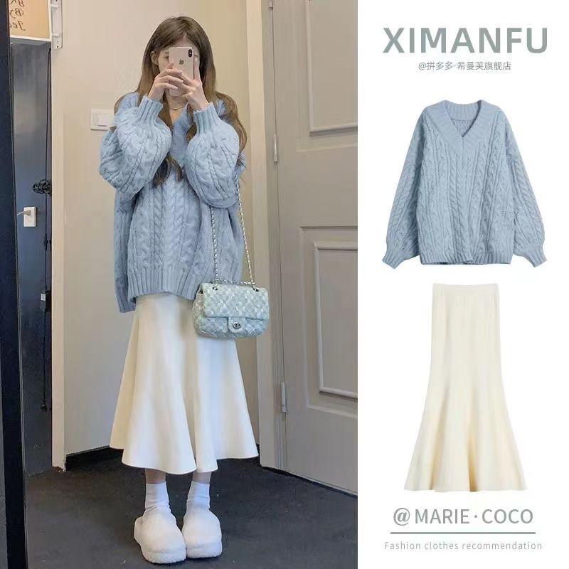 Product Introduction of Bộ Đồ Áo Len Dệt Kim, Phong Cách Nhẹ Nhàng, Dành Cho Nữ, Mùa Thu Và Mùa Đông, Phong Cách Hàn Quốc Mới, Váy Đuôi Cá Bó Sát Giấu Flab, Bộ Đồ Hai Mảnh 9