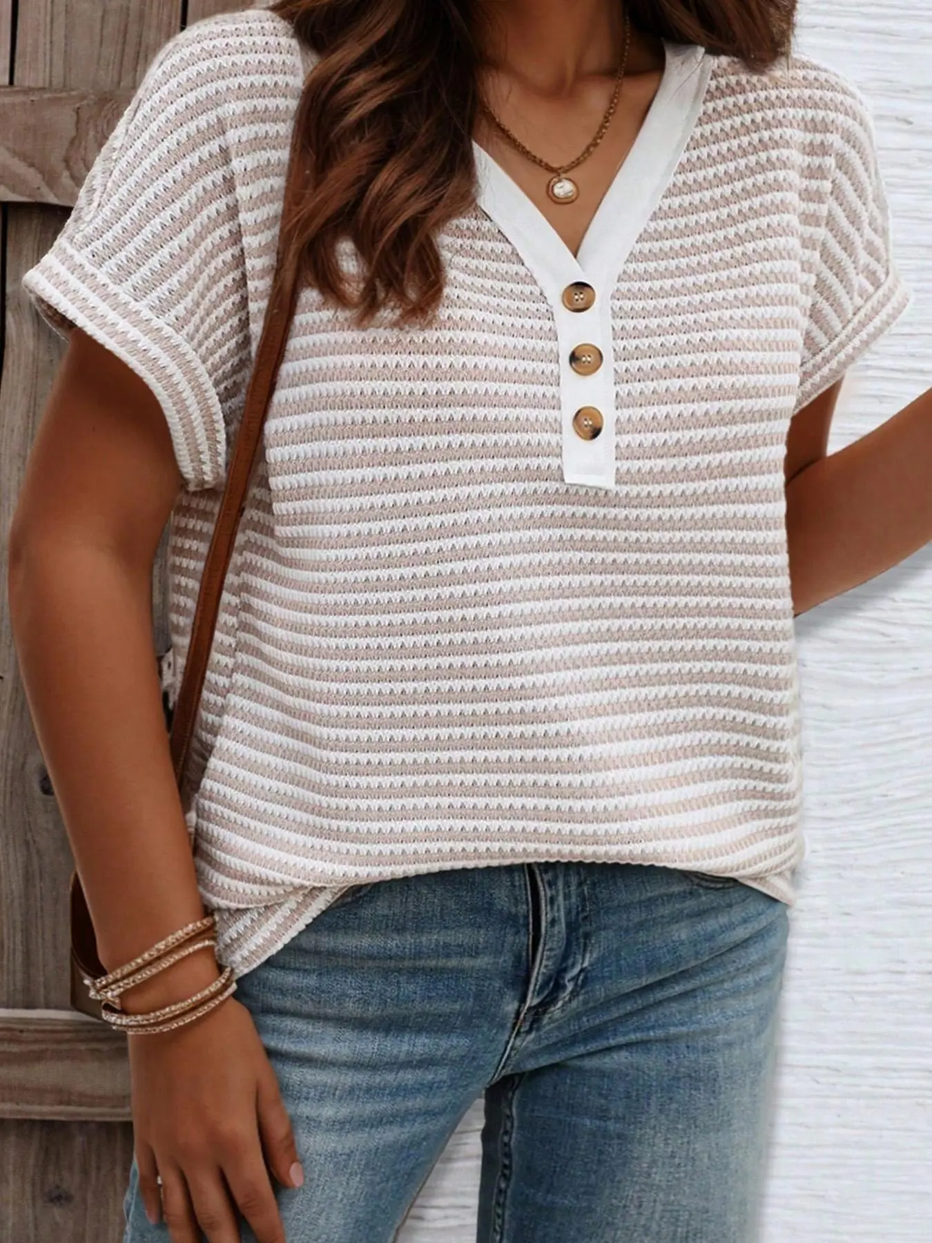 【Plus Size】 Striped Print Button Tee, Casual Short Sleeve V Neck T-shirt for Summer, Women's Plus Clothing for Daily Wear