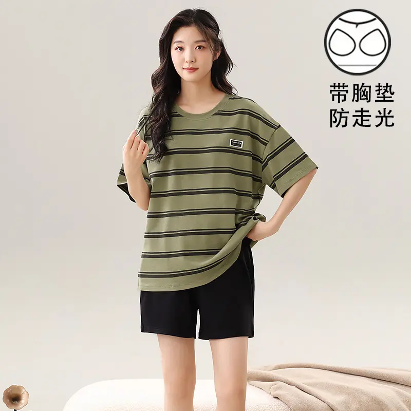 Pajama women's summer with chest cushion integrated short sleeved thin design can be worn outside two-piece set nightgown plus size loose home clothes