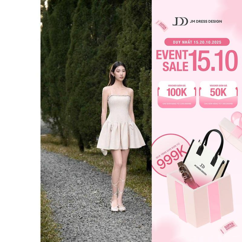 Đầm 2 dây vặn dây ngực, nhún chân 1R03.2503K, váy 2 dây cúp ngực dáng xòe bồng thiết kế bởi JM Dress Design