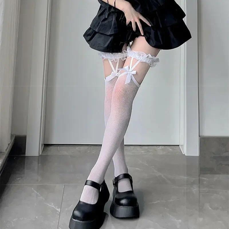 Tất Lưới Cá, Tất Ống Dài, Phong Cách JK Lolita Cô Gái Nhật Bản, Với Nơ Ren, Tất Cao Đến Đầu Gối, Y2k 3