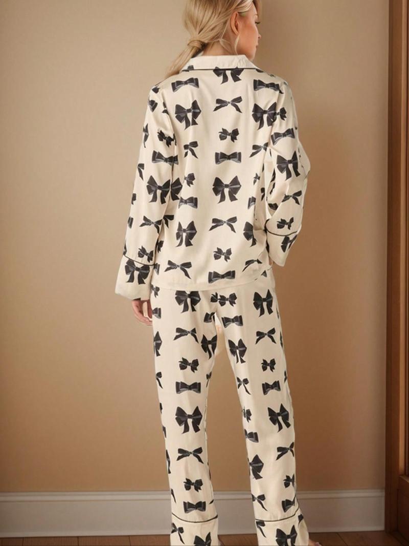Product Introduction of Women's All Over Bow Print Long Sleeve Pajama Two-piece Set, Casual Comfy Lapel  Neck Pajama Set for Women, Women's Sleepwear for Spring & Fall 2
