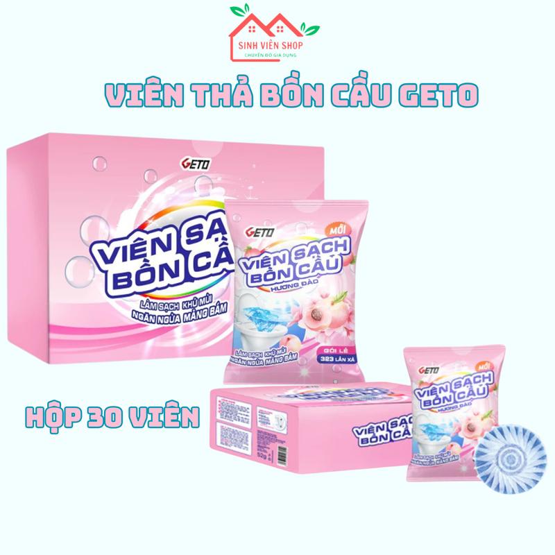 Combo 1 hộp 30 viên thả bồn cầu GETO diệt vi khuẩn ố vàng bám toilet, viên thả xả thơm khử mùi hôi làm sạch sáng nhà vệ sinh không gây xước men mùi hương đào tự nhiên tươi mát gói 52gr thơm lâu 323 lần xả