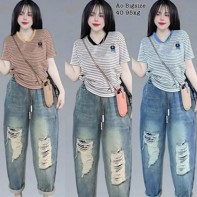 BIGISIZE GIÁ RẺ Áo Thun Gân Tăm Nữ Tay Ngắn Bigsize Cổ V Sọc Ngang Thêu Gấu Xinh Đẹp Dễ Thương Giá Rẻ Freesize 45-95kg - 2397