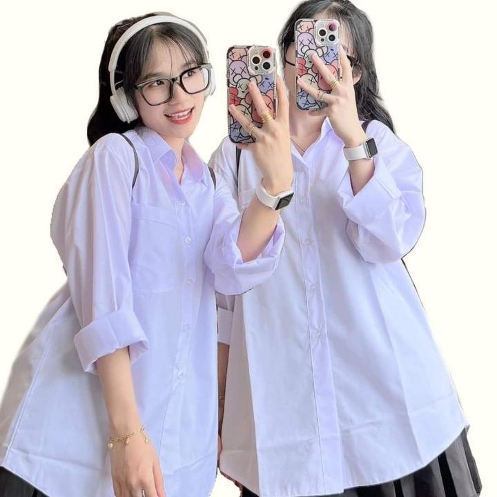 Áo sơ mi trắng nữ tay dài form rộng vừa cổ trụ bẻ có túi không túi mặc đi học làm - Áo sơ mi nữ kiểu basic tay ngắn lỡ Top Cổ Tròn Women Sò