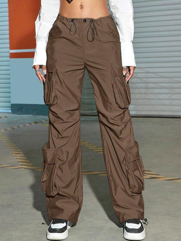 Women's Plain Drawstring Ruched Cargo Pants, Casual Pocket Design Trousers for Fall & Winter 3