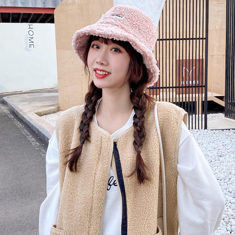 Product Introduction of Lamb Wool Bucket Hat Winter Warm Hats For Women Lady Thicken Flat Top Cap Panama Outdoor Fisherman Hat Caps Letter Embroidered Hat Fisherman Cap 56-58 cm 32