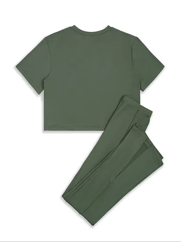 Two-piece Set Women's Solid Color Round Neck Tee & Split Hem Pants, Casual Fitted Fashion Cozy Shortsleeve Top & Elastic Waist Trousers for Daily Outdoor Wear, Ladies Clothes for All Seasons, Womenswear, Matching Clothing Set, Casual Outfit Set 1