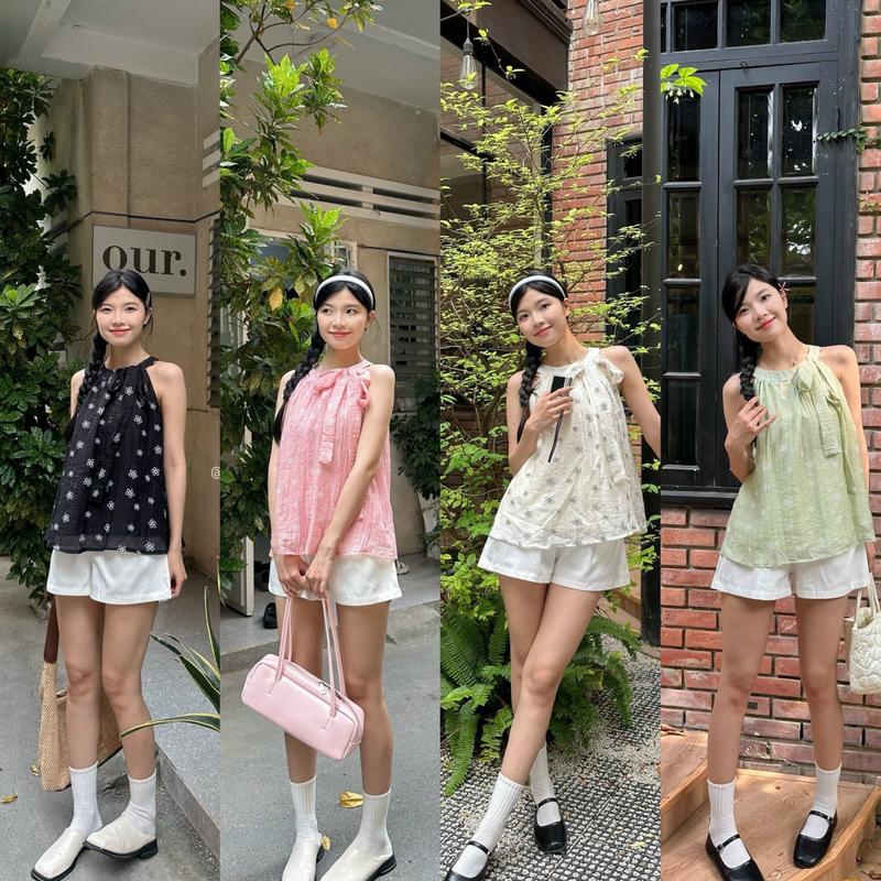 Set áo cổ yếm voan tơ họa tiết hoa nhỏ kèm quần short trắng cạp chun đi biển HAVANA SAT152