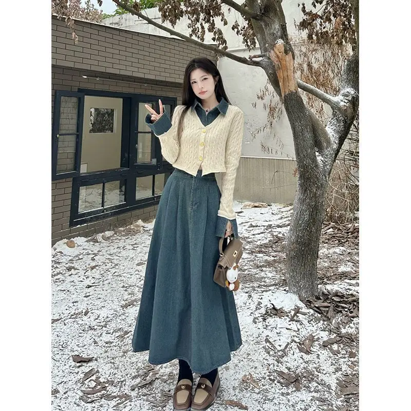 Trang Phục Mùa Thu Và Mùa Đông, Bộ Đồ Toàn Bộ, Dành Cho Nữ, Thiết Kế Khâu Denim Sang Trọng Áo Dệt Kim Dài Tay Áo, Váy Cạp Cao Top Women