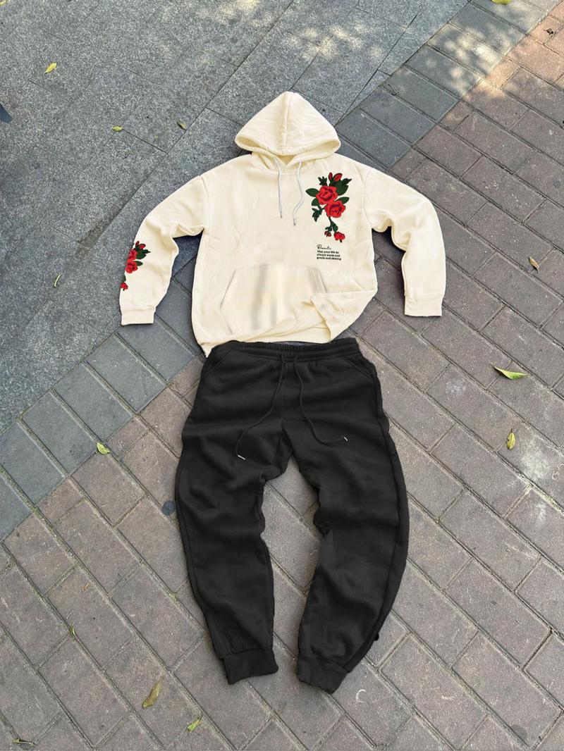 Product Introduction of Men's Regular Fit Rose Print Hoodie & Sweatpants Set, Casual Long Sleeve Hooded Sweatshirt & Jogger Pants, Men's Spring & Fall Clothes 5