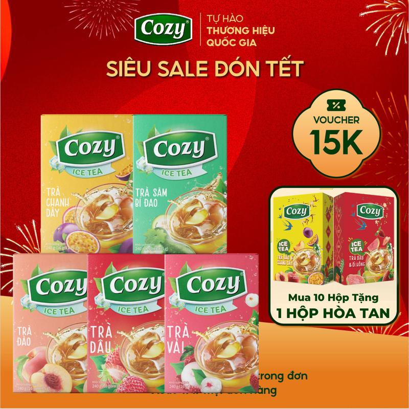 Voucher 15k - Lộc Đón Xuân Combo Thanh Mát 5 Hộp Trà Hòa Tan Cozy Tea Best Seller Hộp 16 Gói Trà Đào Trà Dâu Trà Vải Trà Chanh Dây Trà Sâm Bí Đao Ngon Rõ Vị Vị Rõ Ngon Chua Ngọt Dễ Uống Nước Trà Thơm Chè Sạch Tươi Nguyên Chất