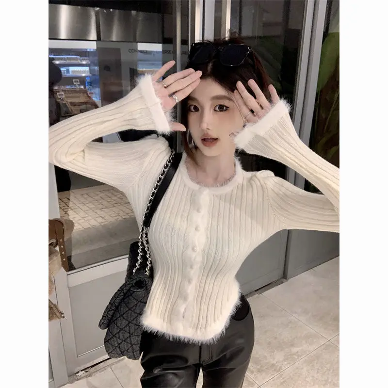 Áo Cardigan Dệt Kim, Viền Khâu Màu Trắng, Dành Cho Nữ, Mùa Thu Và Mùa Đông, Áo Len Dây Bedford Nhẹ Nhàng, Áo Sơ Mi Lớp Nền Sang Trọng Bên Trong, Thời Trang Women Top