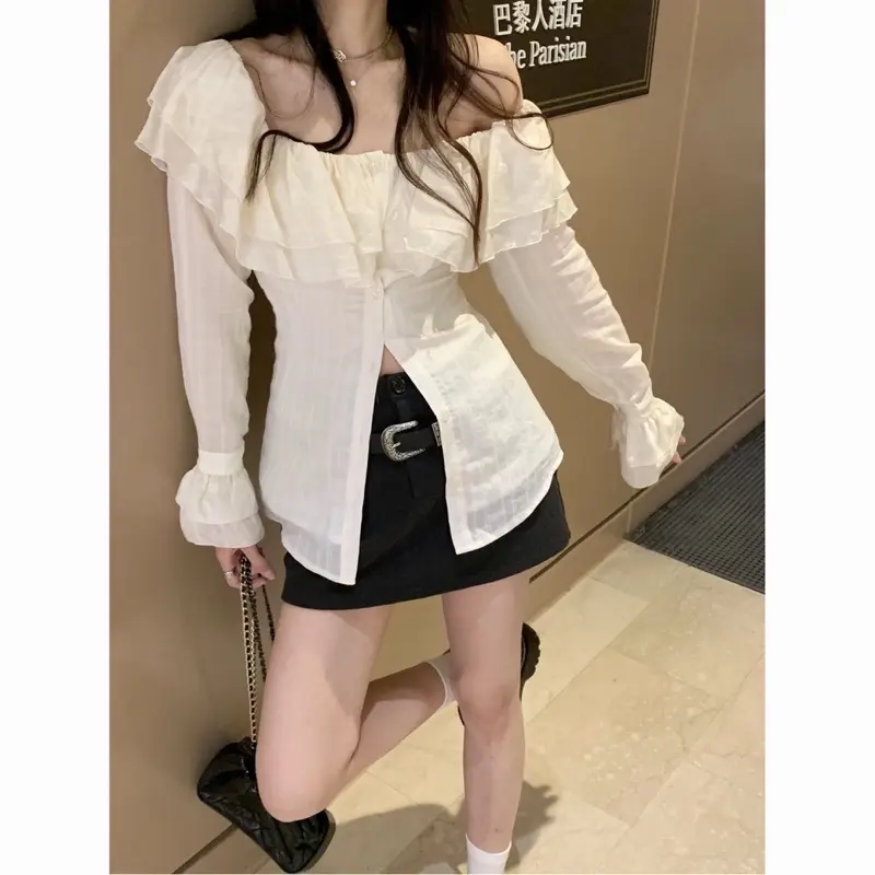 Áo trễ vai phối bèo tiểu thư dài tay ,Siết Eo sẵn ( ko dây buộc), phong cách thanh lịch cho nữ (Có bigsize) | BigBuy360 - bigbuy360.vn